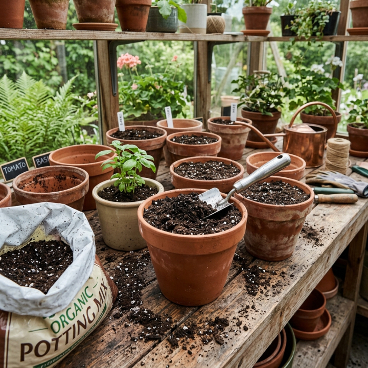 potting soil and gardening tools